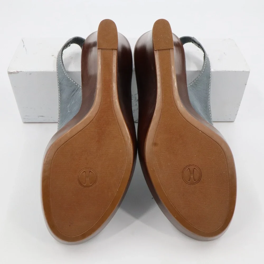 Cole Haan Wedge Sandals Womens 9 B‎ Slate Blue Leather Peep Toe Slingback D21178